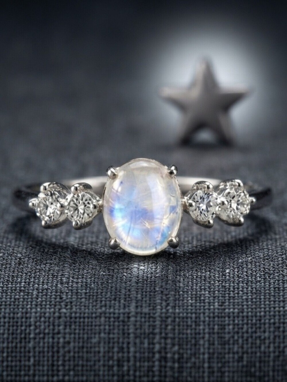 925 Sterling Silver Genuine Moonstone Oval Cabochon Ring Celestial Size 8